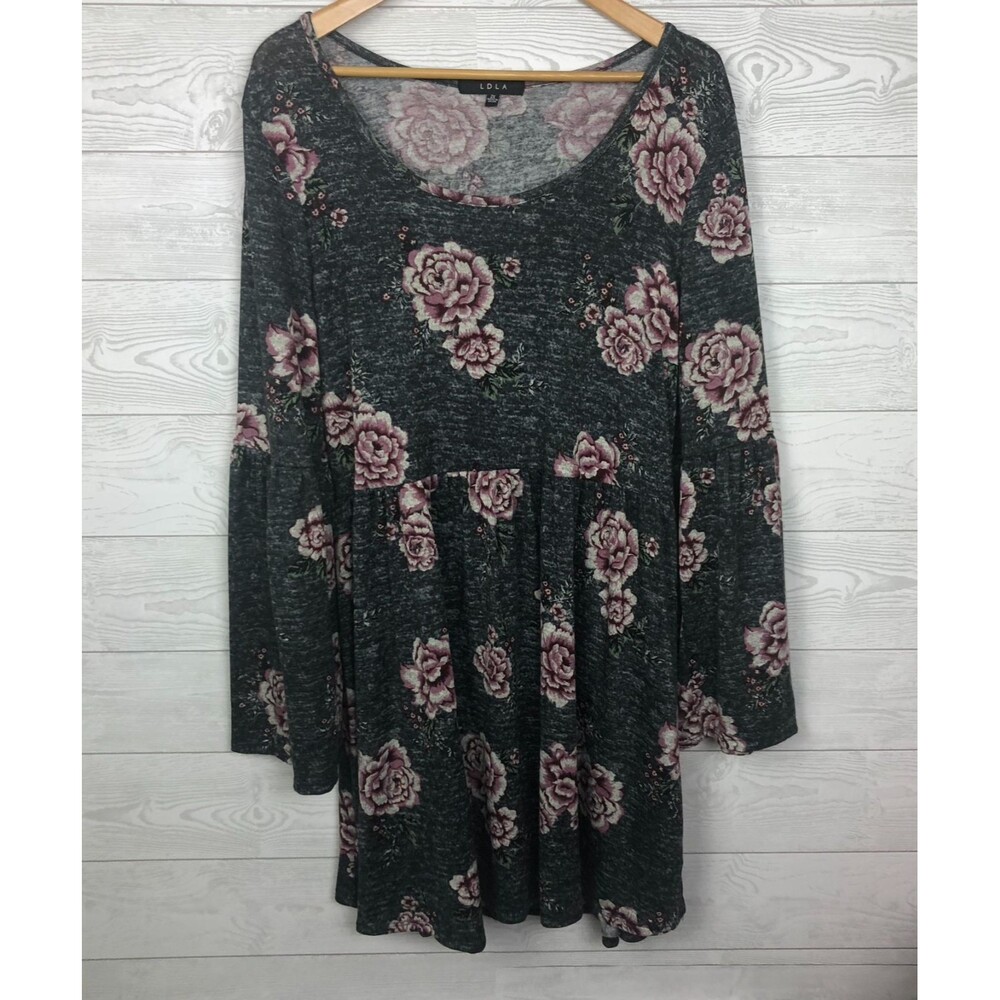 LDLA Women's 2X Long Sleeve Floral Print Mini Dress/Tunic Scoop Neck Gray Pink